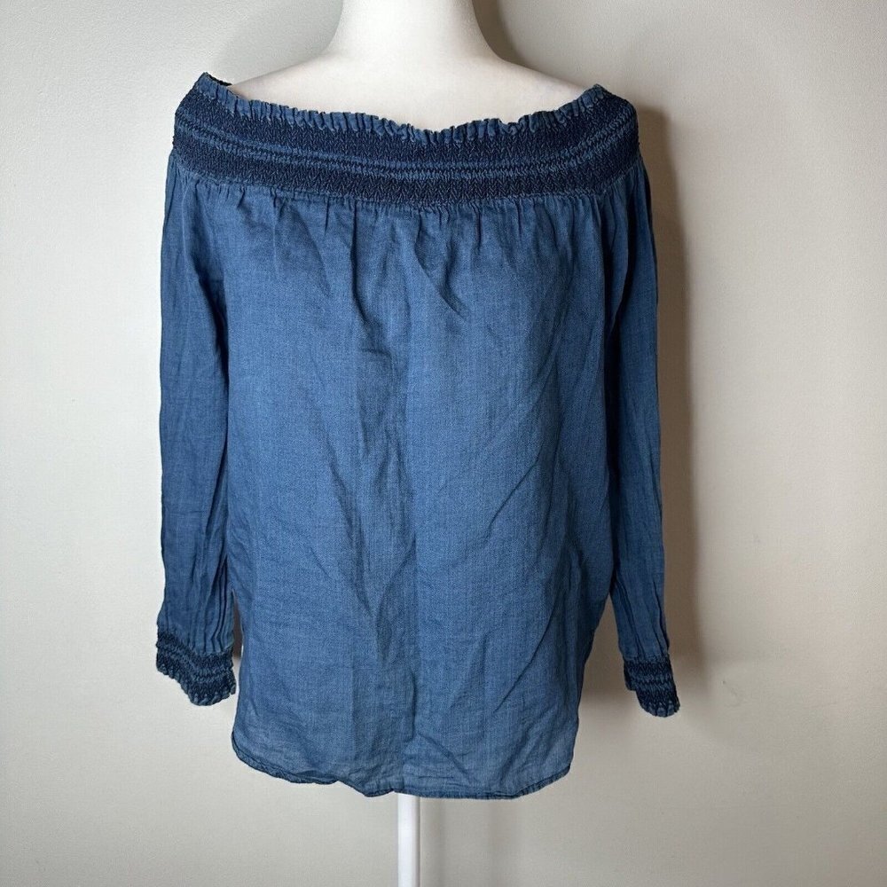 Michael Kors Women’s Blue Chambray Off The Shoulder Smocked Blouse Size S